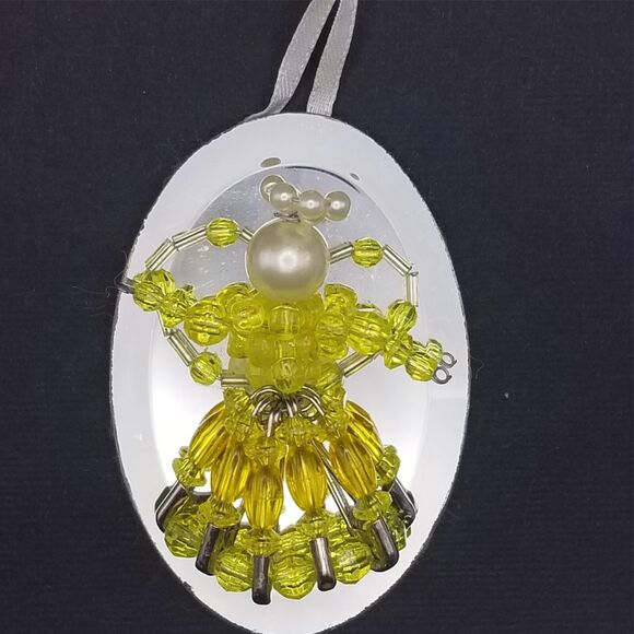 Vintage Beaded Angel Yellow Ornament Mirror 3" Pearl Handmade with Safety Pins - Picture 2 of 6